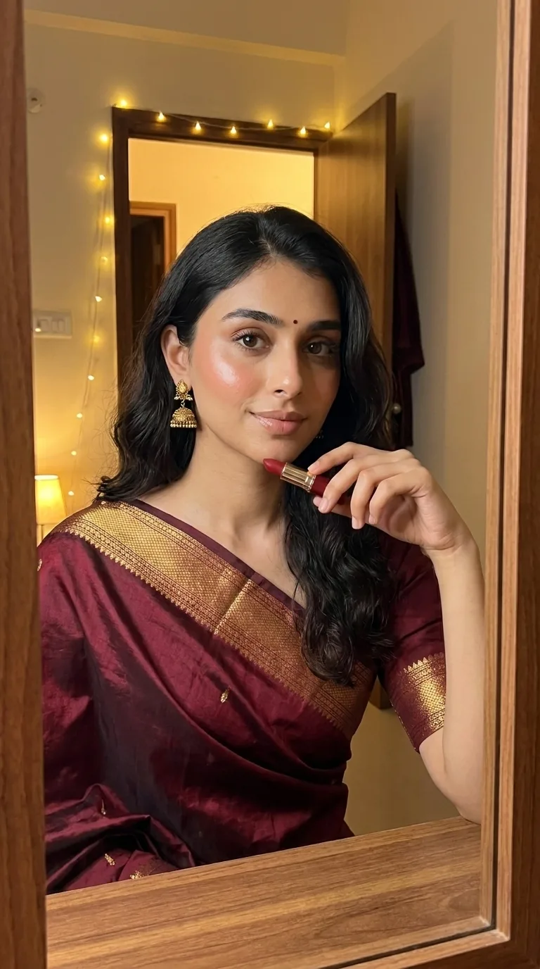 Noor in a maroon Banarasi saree with festive makeup