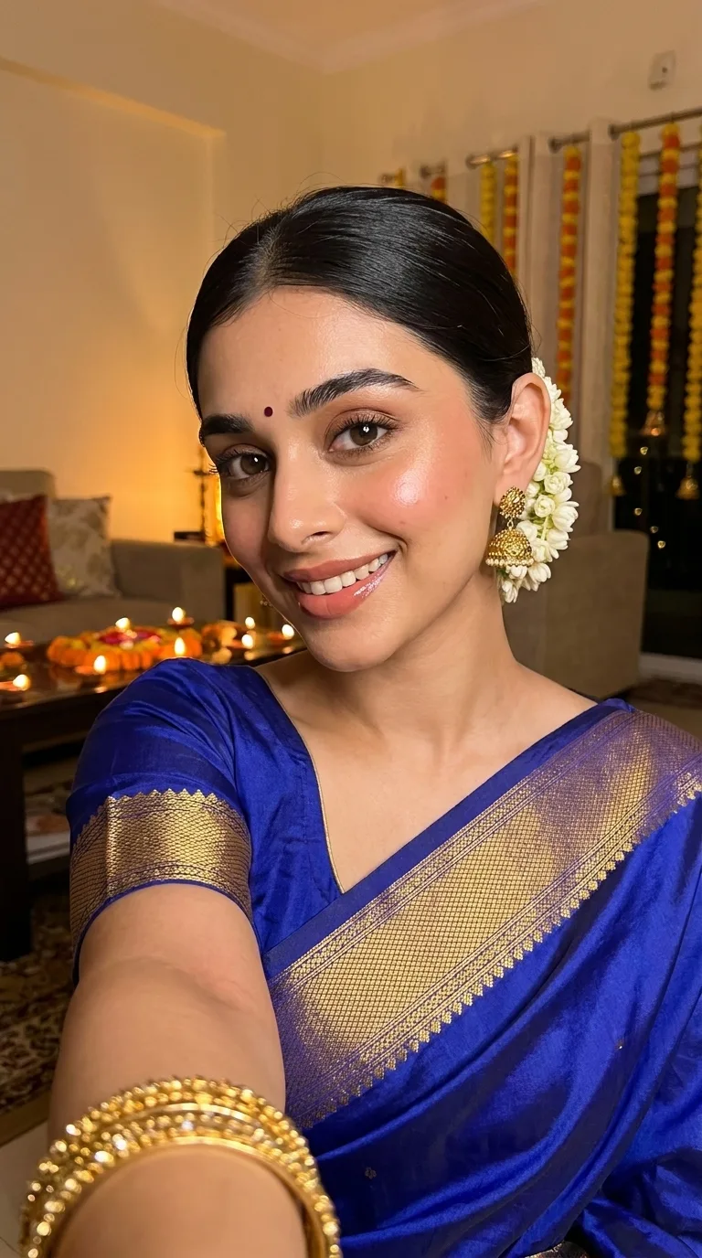 Noor smiling in a blue and gold saree, with jasmine flowers and gold earrings