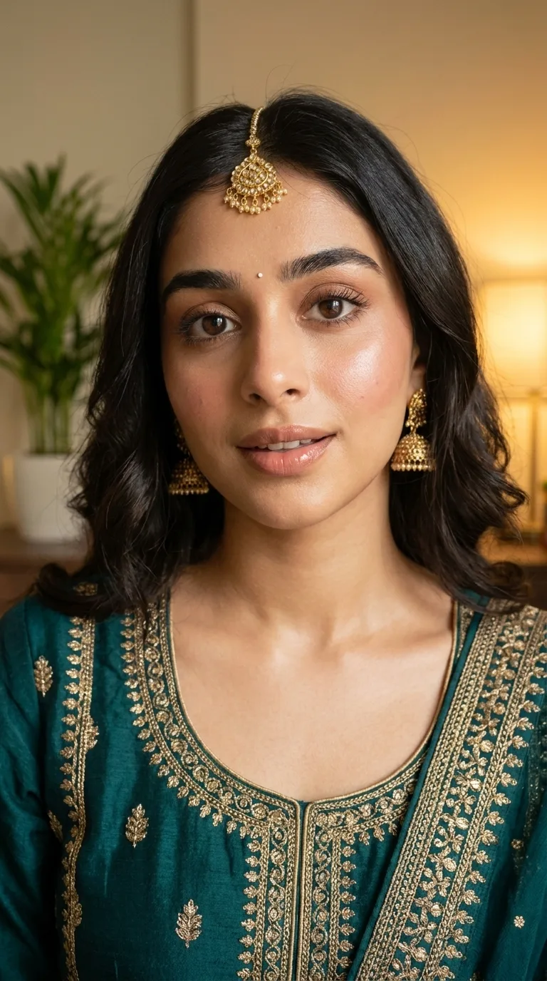 Noor in a teal anarkali with a soft glam look