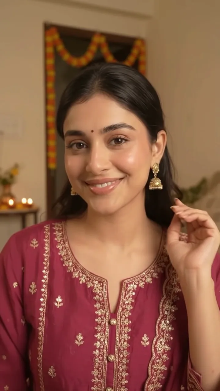 Noor in a magenta embroidered festive suit with gold earrings