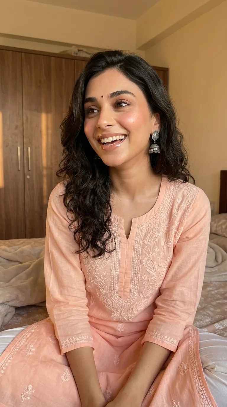 Noor smiling in a peach chikankari kurta with silver earrings